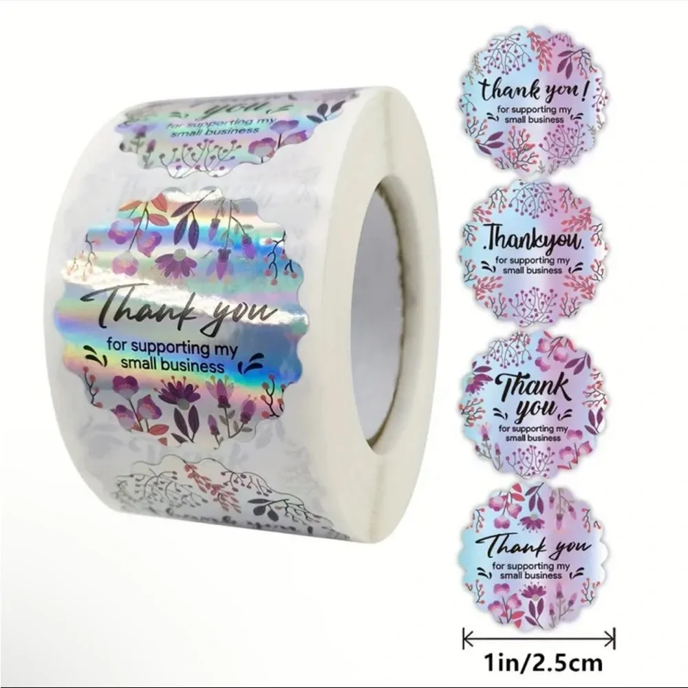 Roll of 500 Pink Floral Foil Thank You for Supporting my Small Business Stickers